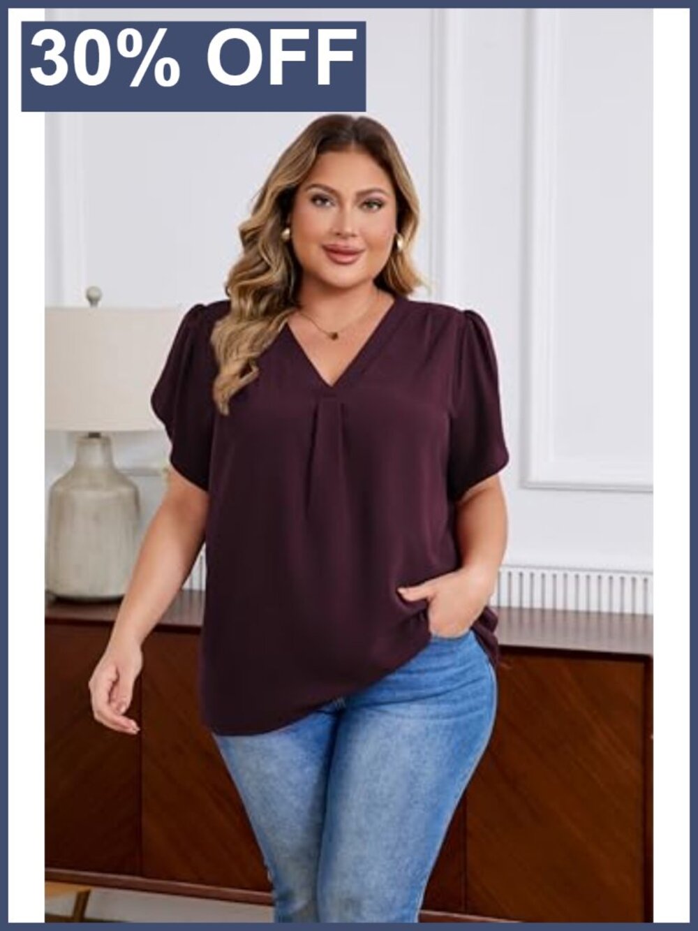 Plus Size V Neck Petal Sleeve Work Blouse Loose Fit Chiffon - Picture 3 of 5